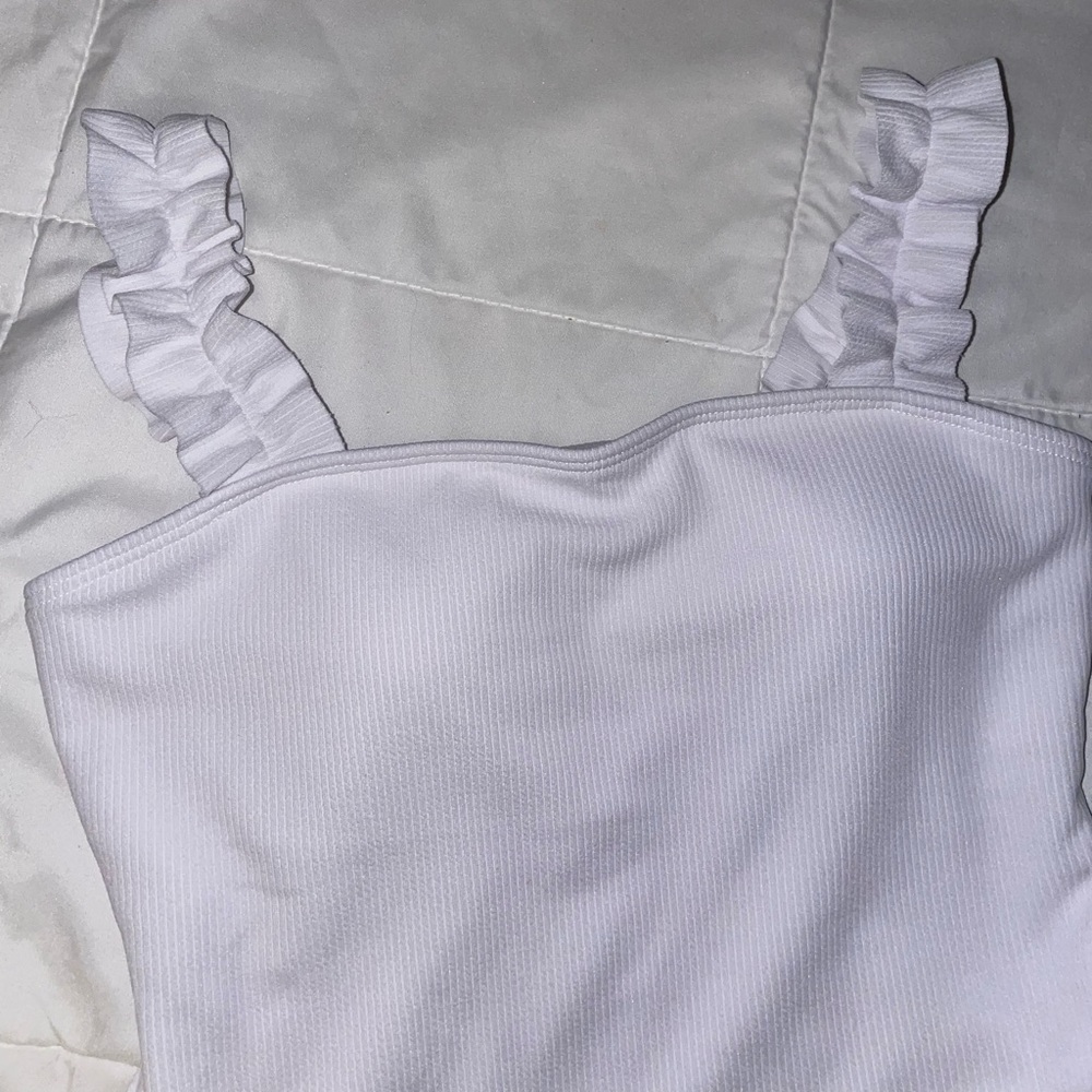Beautiful White Ribbed One Piece Bathing Suit with Ruffled Shoulder Straps, Sm - Picture 7 of 7